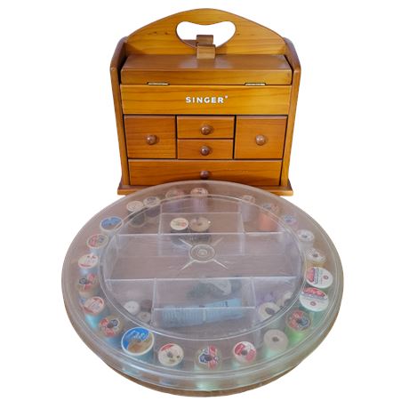 Singer Wooden Sewing Box w/ Assorted Sewing Materials