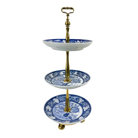 LARGE Maitland Smith 3 Tier Blue Willow Dessert Stand