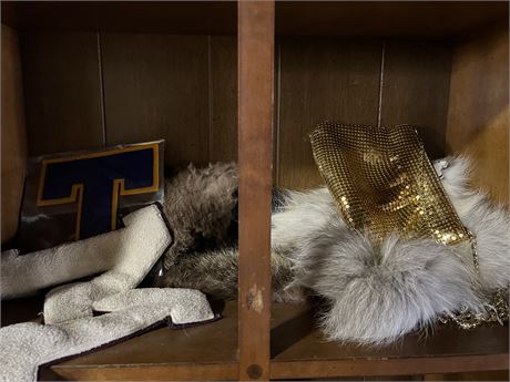 Fur collars, vintage school letters, and collectibles lot