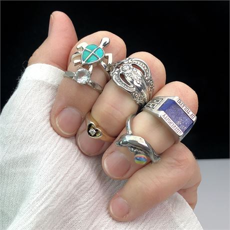 Vintage Jewelry Lot- Rings Turtle, Dolphin U of Toledo, 18k GE Diamond, Spoon