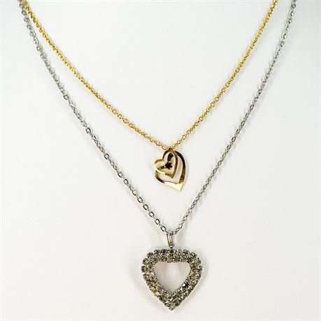 Vintage Pair of Silver & Gold Tone Heart Pendant Chain Necklaces