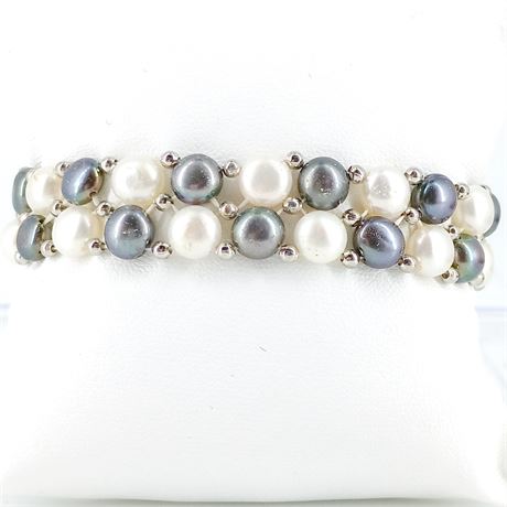 Cultured Freshwater Pearl Bracelet – White & Black Pearls, Silver Tone Accents