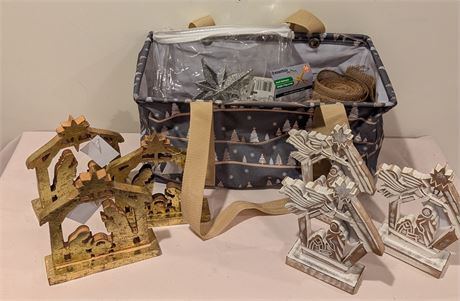Lot of new wood Christmas manger craft supplies figurines w/storage container