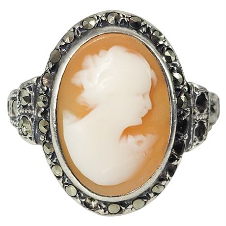 Vintage Sterling Silver Marcasite Carved Shell Cameo Ring, Sz 8