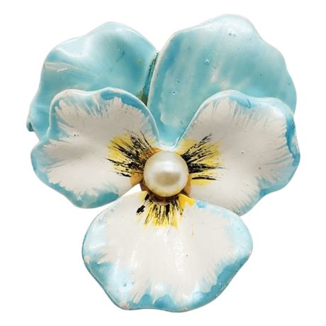 Vintage JONETTE Enamel Pansy Flower Brooch w/ Faux Pearl