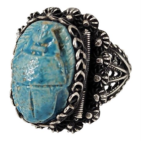 Vintage Sterling Silver Filigree Ceramic Scarab Poison Ring, Sz 7