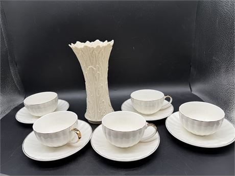 Lenox Vase & 5 Btat Tea Cups w/Gold Edge