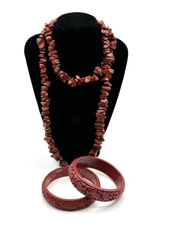 Polished Stone Necklace with Two Bangles