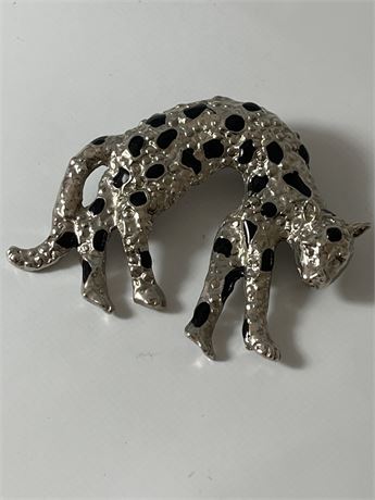 Vintage 1980s jaguar, black and white rhinestone brooch