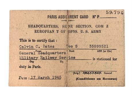 1945 US Army WWII Military European Theatre Paris Assignment Card