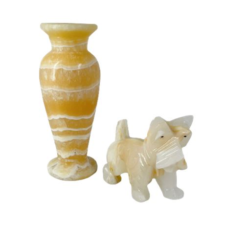 Mexican Onyx Carved Vase & Terrier Figurine