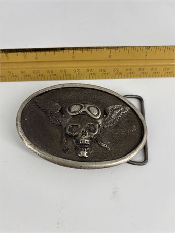 Skull With Goggles & Wings Belt Buckle