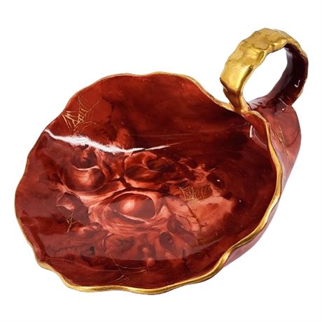 Vintage Porcelain Trinket Dish w/ Blood Red Roses & Gold Spiderwebs