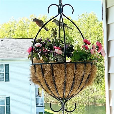 Vintage Mid-Century Heavy Wrought Iron Hanging Flower Plant Basket