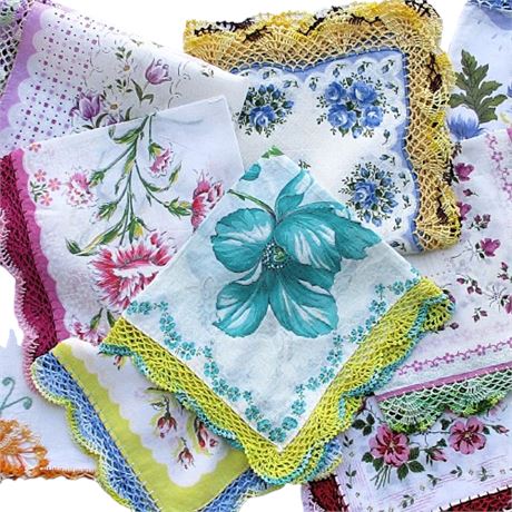 Assorted Lot of 10 Vintage Hankies ~ Crochet Scallop Edges