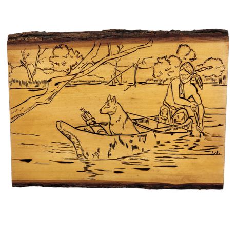 Native American w/ Dog in Canoe Wood Carving Signed W.