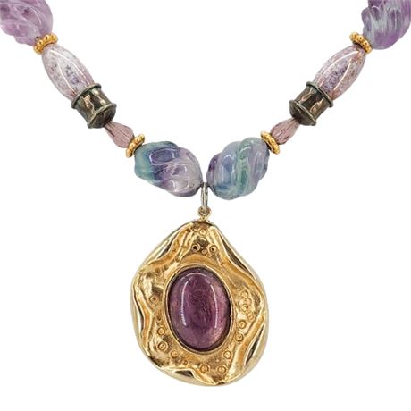 Vtg Mixed Materials Fluorite & Art Glass Pendant Necklace