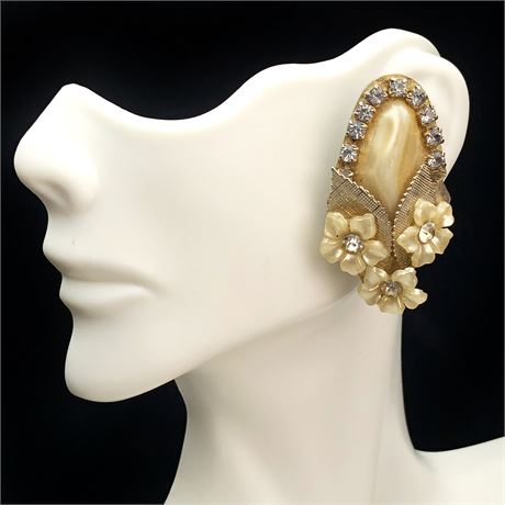 Vintage Champagne Celluloid Flower Rhinestone Statement Earrings