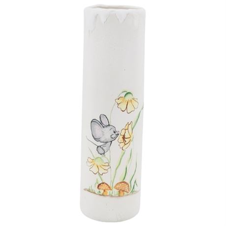 Vintage Hand Painted Ceramic Mouse w/ Flowers/Mushrooms Cylinder Vase