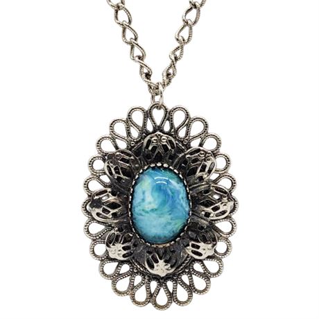 Vintage Silver Tone Filigree Medallion Necklace w/ Ceramic Cabochon