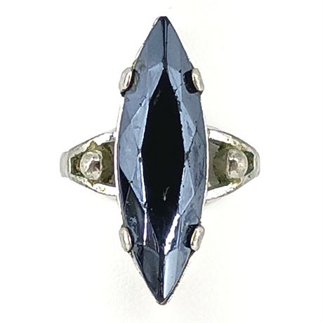18K HGE Navette Ring Blue Glass Elongated Marquise Design