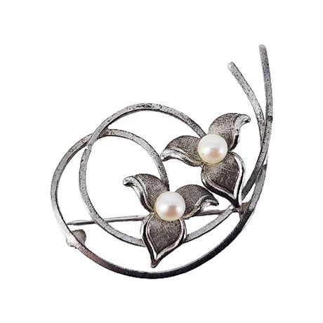 Signed VanDell Sterling Silver & Pearl Flower Brooch