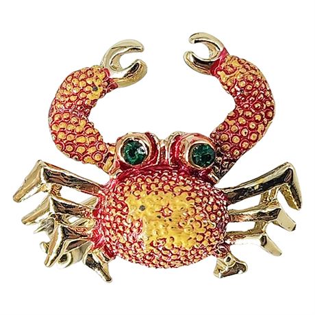 Vintage Articulated Enameled Crab Brooch w/ Rhinestone Eyes