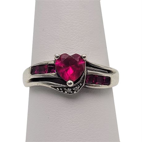 Sterling Silver Ruby & Diamond Heart Ring