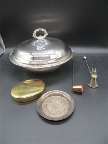 Silver Plate w/Pyrex Bowl, Candle Snuffers, Trinket Box & Ashtray