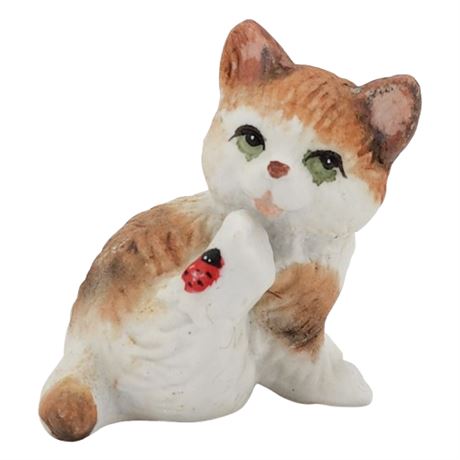 Vintage Porcelain Bisque Mini Kitten & Lady Bug Figurine
