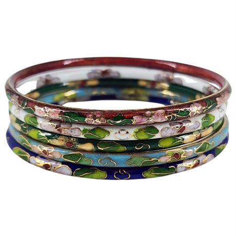 Vintage Slim Chinese Cloisonné Bangle Bracelets, Set of 5