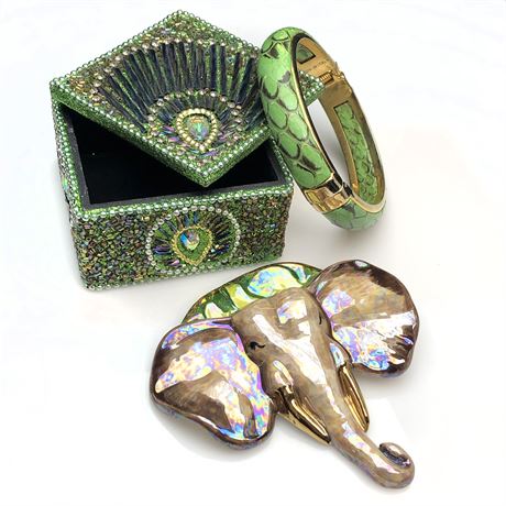 Vintage Italy Leather Hinged Bracelet, Elephant Brooch, Peacock Design Box
