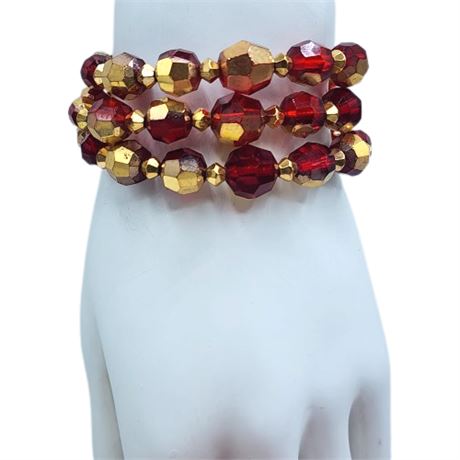 Signed Deauville 3-Strand Red/Gold Crystal Bead Bracelet