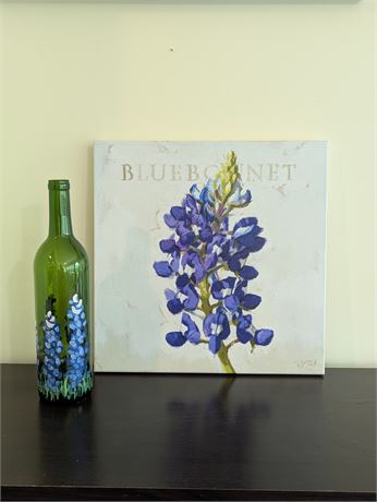 Lot Bluebonnet Picture Canvas + Handpainted Green Glass Bottle