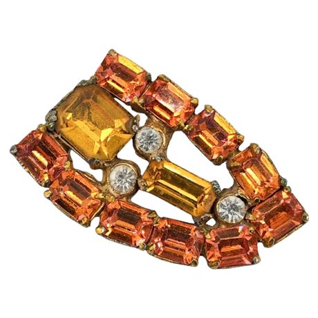 Vintage Prong Set Orange & Yellow Rhinestone Brooch
