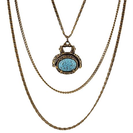 Unsigned Vintage GOLDETTE NY 3-Strand Faux Turquoise Swivel Seal Necklace