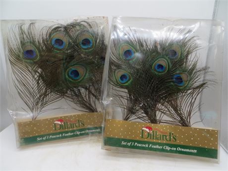 Set of 6 Peacock Feather Clip on Ornaments NIB