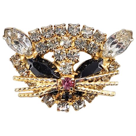 Vintage Prong Set Rhinestone Mod Cat Head Brooch