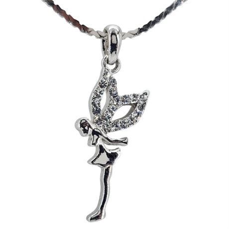 Silver Tone Crystal Winged Fairy Pendant Necklace