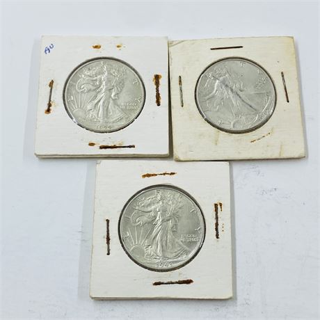 3 AU+ Walking Liberty Half Dollars