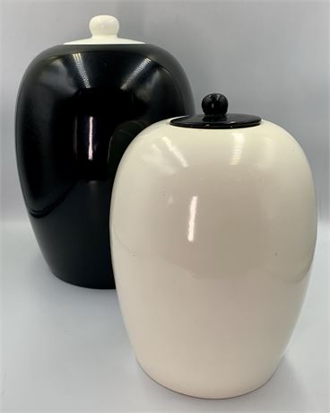 Large Pair of MCM Rubel & Co Cream & Black Lidded Pottery Jars