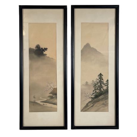 Pair of Original Japanese Mountainside Paintings on Silk