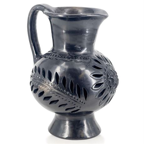 Vintage Oaxaca Hand-Carved Barro Negro Openwork Pitcher