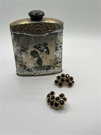 Lesner clip earrings and talcum deodorant powder tin lot