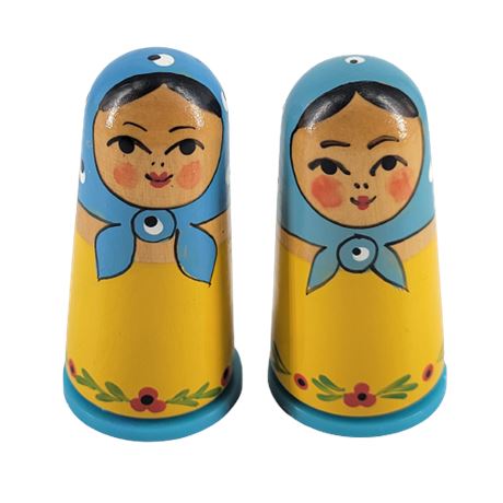 Vintage Yellow & Blue Hand-Painted Wooden Russian Nesting Dolls