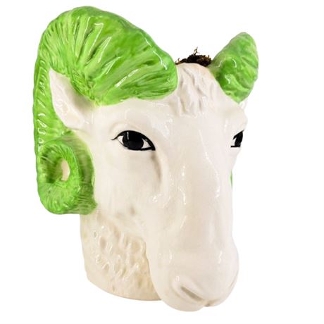 Vintage Mann Japan Large Green and White Ceramic Ram's Head Planter
