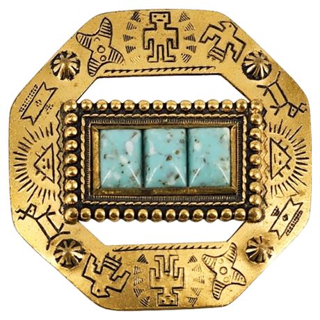 Vintage Native American Style Stamped Gold Tone Faux Turquoise Brooch