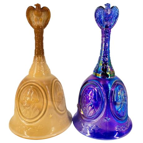 Pair Vintage Fenton Slag Glass and Carnival Glass Bicentennial Bells
