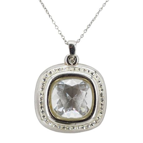 Sterling Silver Cushion Cut Crystal Halo Pendant Necklace
