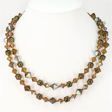 Vintage Double Strand Aurora Borealis Crystal Beaded Necklace
